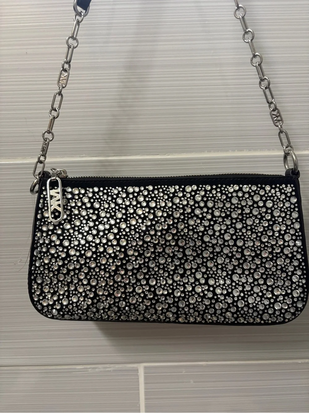 NWOT. Michael Kors Empire Medium Black Crystal Chain Link Pouchette. RARE.